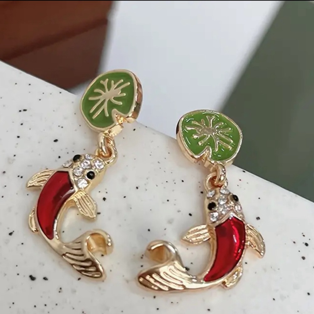 3/$15 Adorable Koi Fish Lilypad Dangle Earrings - Picture 1 of 7